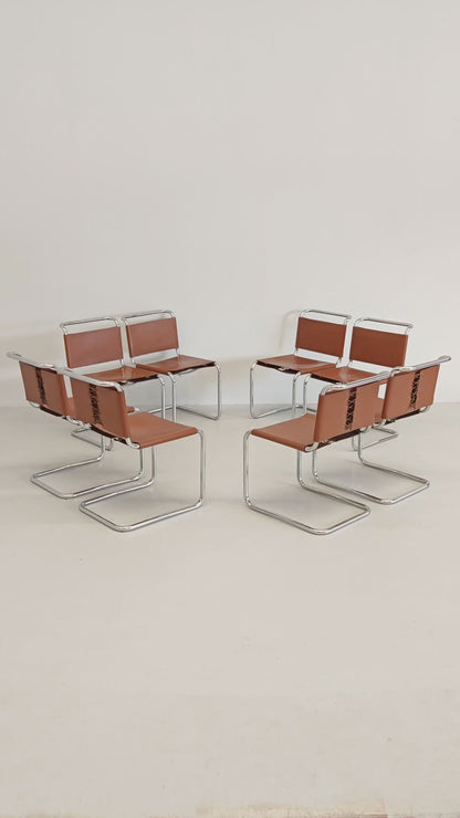 8 Sedie in cuoio e tubolare modello Spoleto Knoll International anni 70