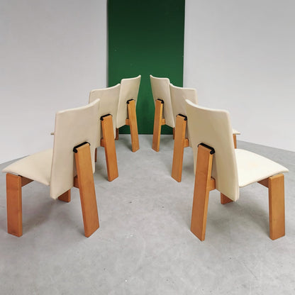 Ensemble de 6 chaises des années 70/80 en cuir beige et bois clair