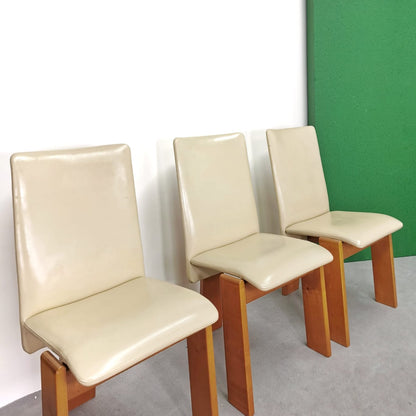 Ensemble de 6 chaises des années 70/80 en cuir beige et bois clair