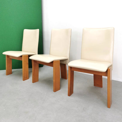 Ensemble de 6 chaises des années 70/80 en cuir beige et bois clair