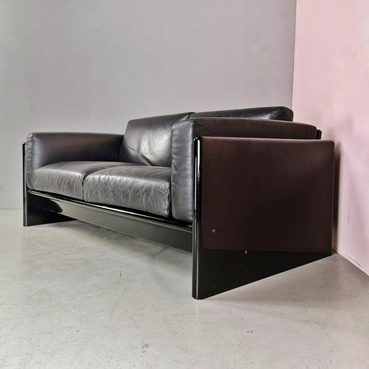 2 Seater Sofa in Black Leather Studio Simon by Gavina 1970s