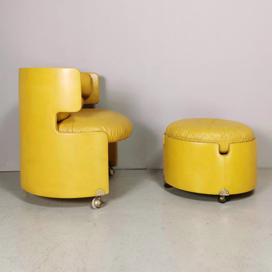 Poltroncina e Pouf in pelle Luigi Massoni per Frau 1970's