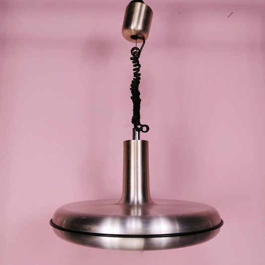 Lampadario Vintage metallo spazzolato Space Age anni 60 (attribuito Oscar Torlasco)