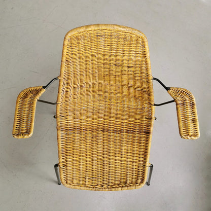 set de 4 chaises de salle à manger vintage italiennes en paille ou rotin, design Campo e Graffi, années 1960