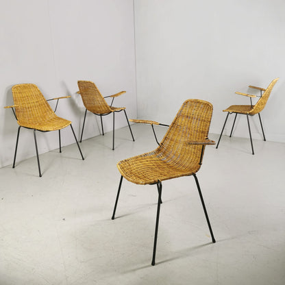 set de 4 chaises de salle à manger vintage italiennes en paille ou rotin, design Campo e Graffi, années 1960