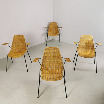 set de 4 chaises de salle à manger vintage italiennes en paille ou rotin, design Campo e Graffi, années 1960
