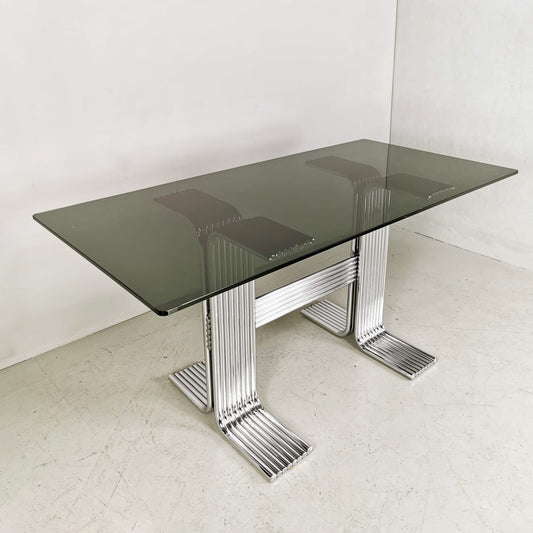Rectangular table in glass and chromed tubular from the 70s